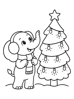 A cute christmas elephant coloring page featuring a baby elephant with earmuffs beside a decorated tree.