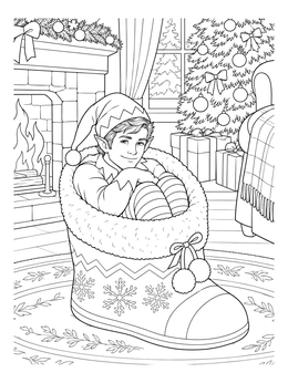 A realistic elf coloring page showing a friendly elf sitting inside a large festive boot by the fireplace.