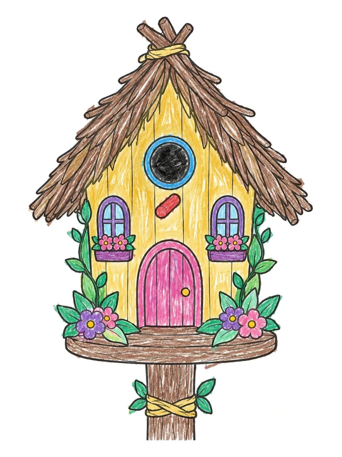 Colored example of the Cozy Fairy Birdhouse Cottage coloring page