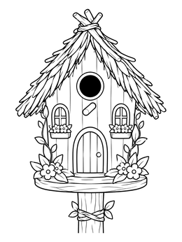 A rustic birdhouse fairy cottage with a thatched roof in this fairy coloring page.