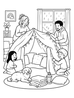 Free printable Cozy Blanket Fort On A Rainy Day coloring page