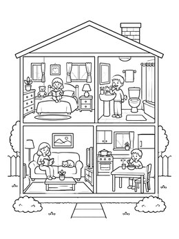 A house coloring page featuring a cross section of four furnished rooms with kids and mom.
