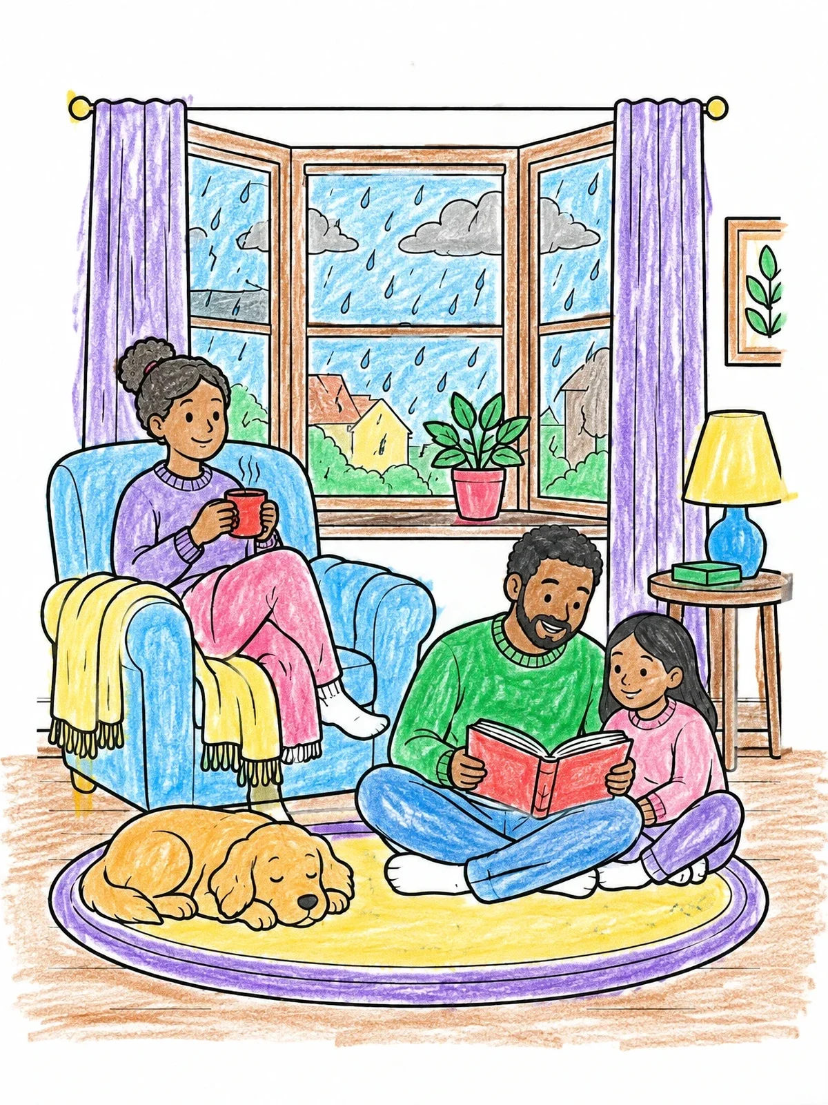 Colored example of the Cozy Family Rainy Day Indoors coloring page