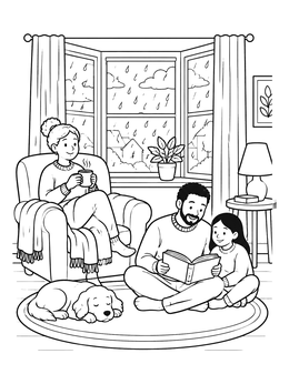 Free printable Cozy Family Rainy Day Indoors coloring page