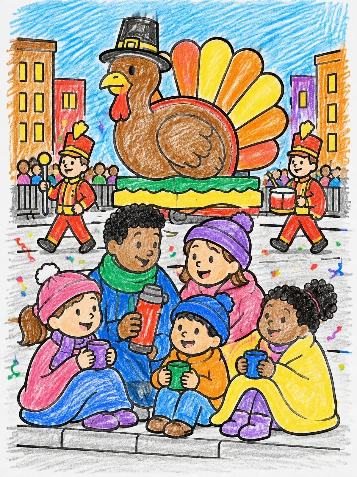 Colored example of the Cozy Family Watching Thanksgiving Parade coloring page