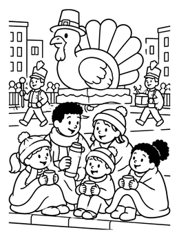 Free printable Cozy Family Watching Thanksgiving Parade coloring page