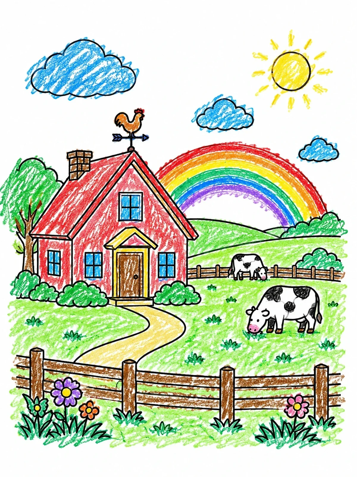 Colored example of the Cozy Farmhouse With Rainbow And Cows coloring page