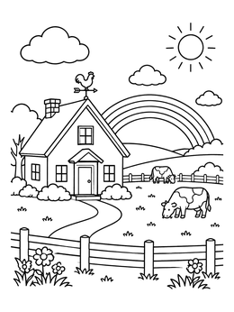 Free printable Cozy Farmhouse With Rainbow And Cows coloring page