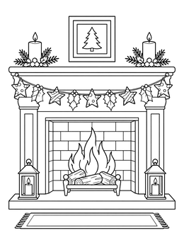 A cozy fireplace mantel decorated with a christmas star coloring page garland and candles.