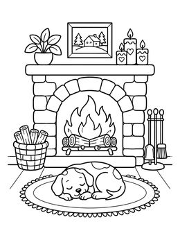 Free printable Cozy Fireplace With Sleeping Puppy coloring page