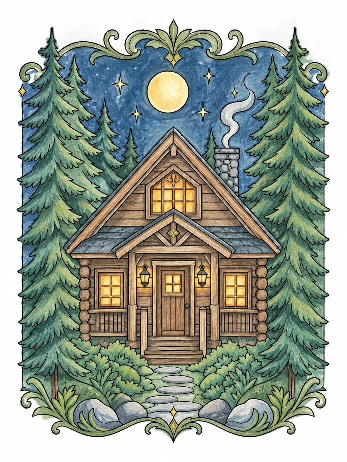 Colored example of the Cozy Forest Cabin Under Moon coloring page