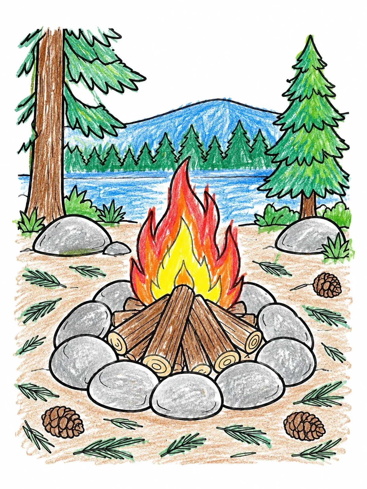Colored example of the Cozy Forest Campfire coloring page
