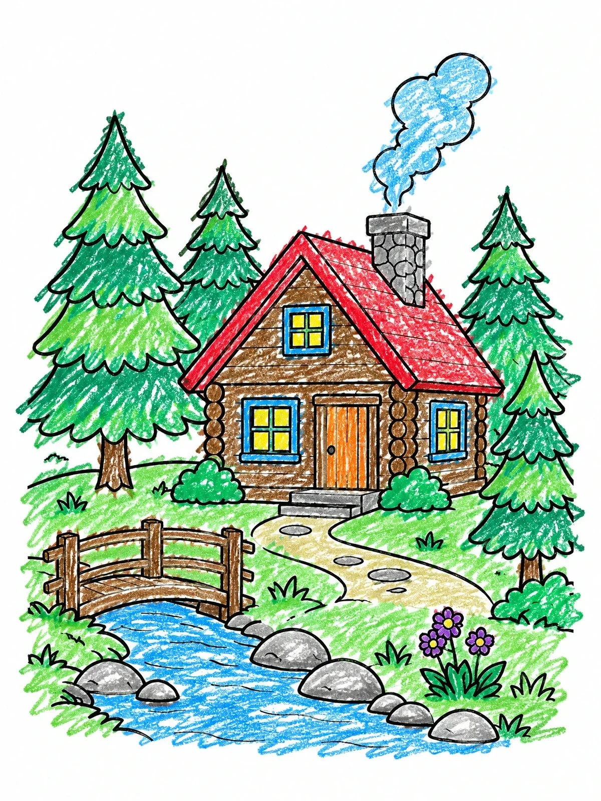 Colored example of the Cozy Forest Log Cabin With Bridge coloring page