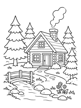 Free printable Cozy Forest Log Cabin With Bridge coloring page