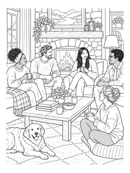 Friends and a dog gather near a fireplace in this cozy coloring page.