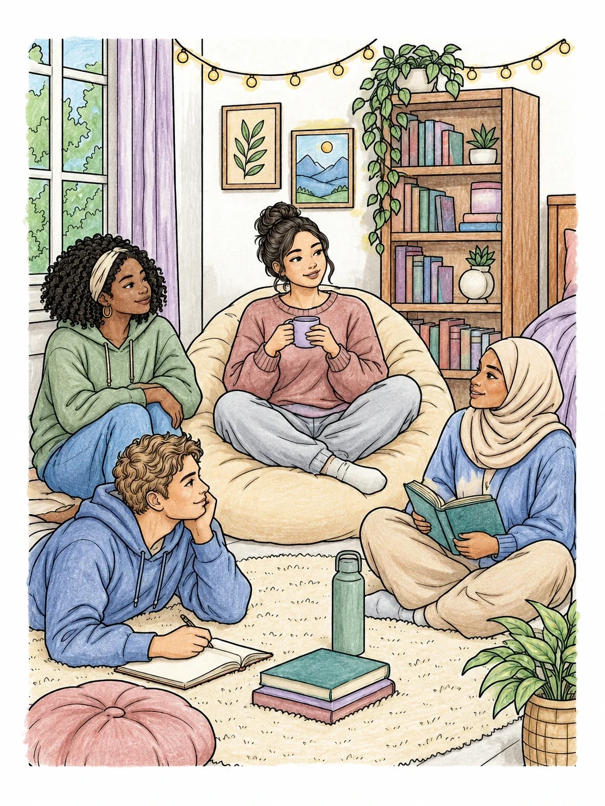 Colored example of the Cozy Friends Mental Health Wellness Corner coloring page