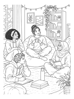 Friends relaxing together in a cozy mental health coloring page.