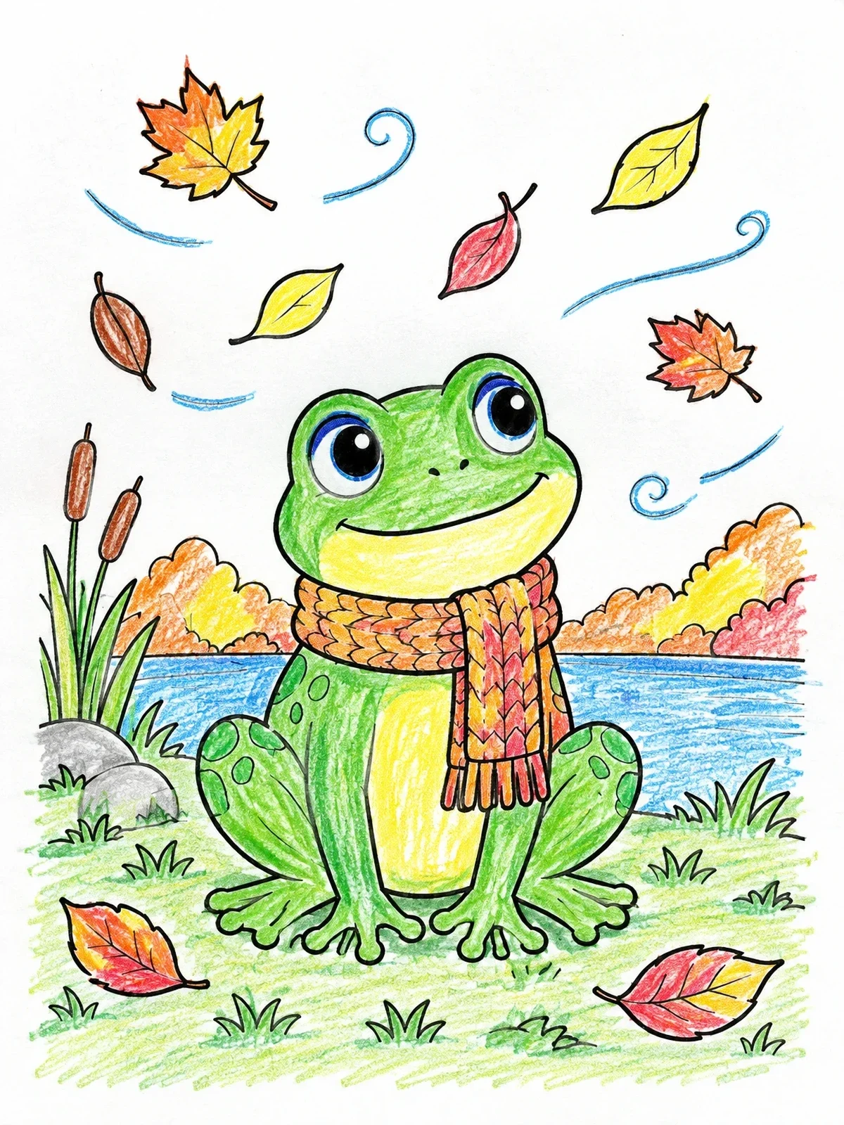 Colored example of the Cozy Frog With Autumn Leaves coloring page