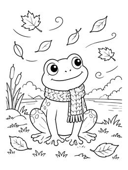 A frog coloring page showing a cute frog wearing a cozy knitted scarf as autumn leaves blow in the wind.