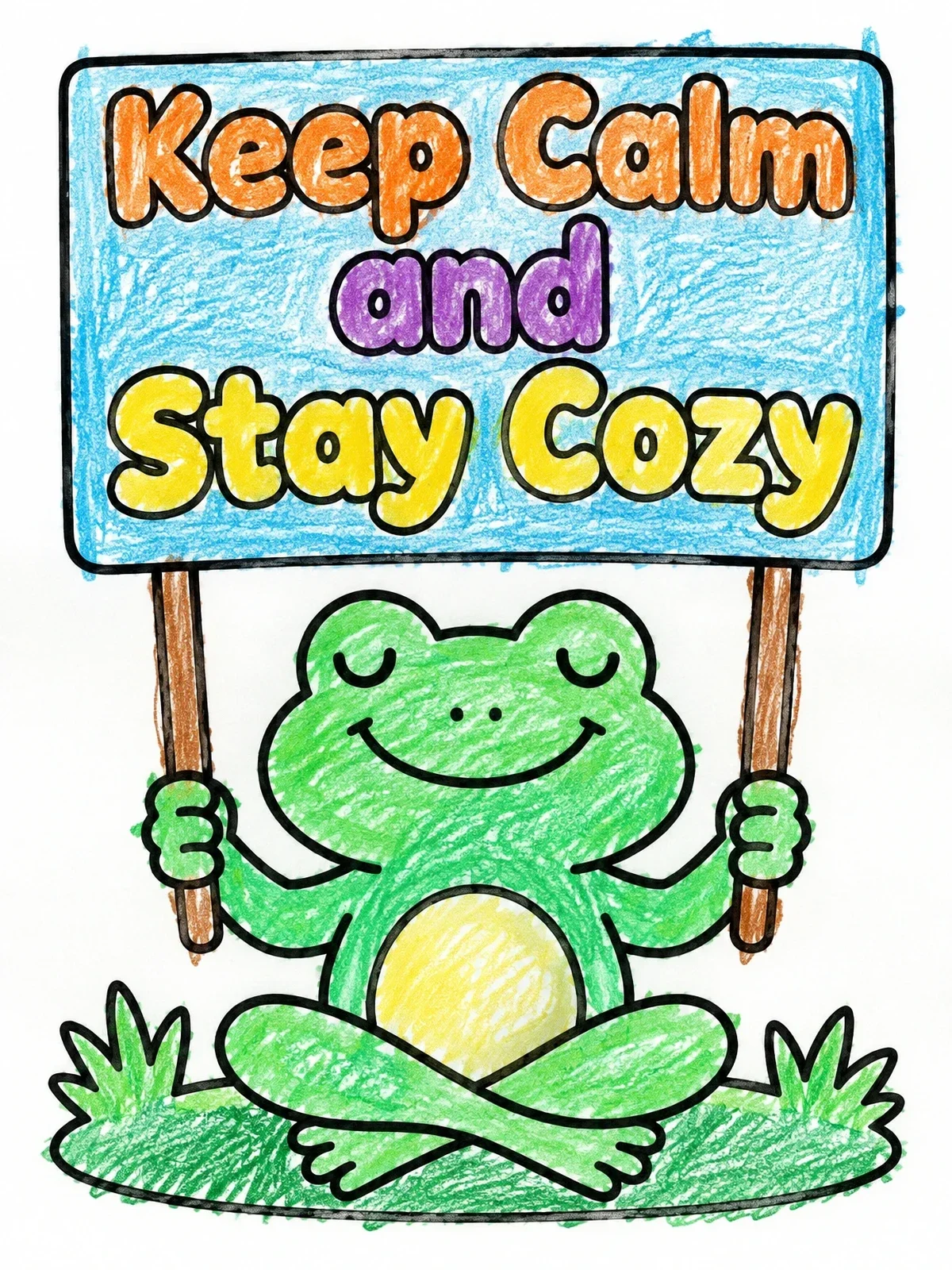 Colored example of the Cozy Frog Keep Calm Sign coloring page