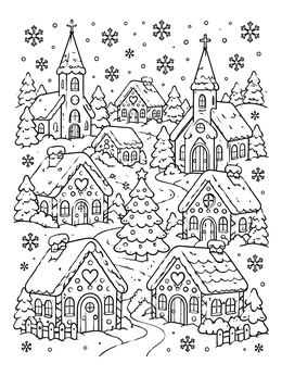 Free printable Cozy Gingerbread Christmas Village coloring page