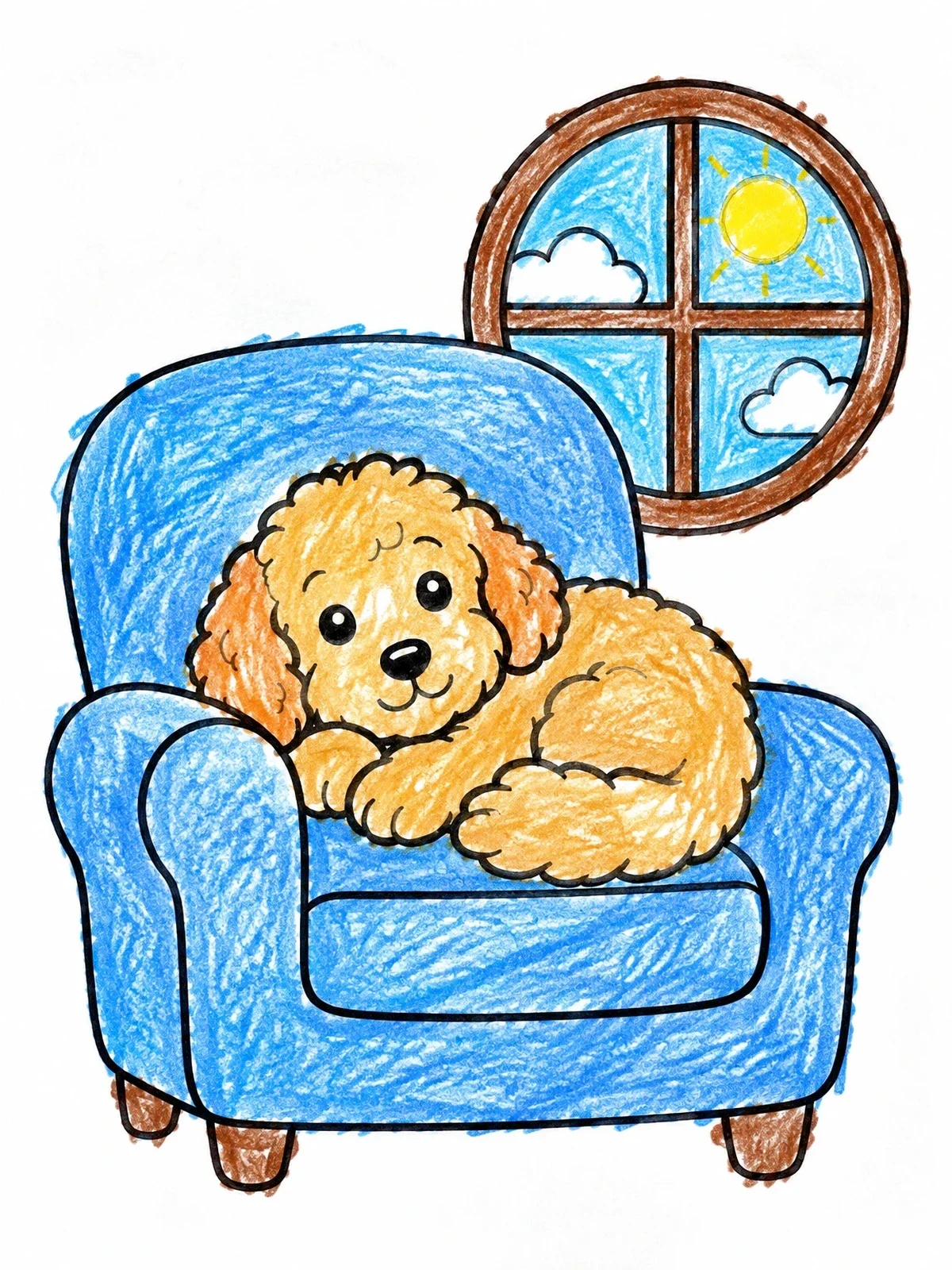 Colored example of the Cozy Goldendoodle On An Armchair coloring page