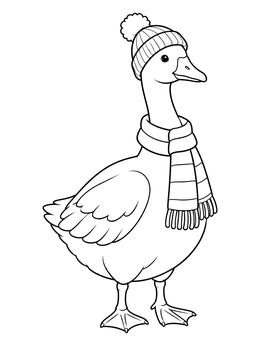 A cozy goose coloring page featuring a goose wearing a knit beanie and a striped scarf.