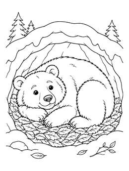 A peaceful bear coloring page showing a grizzly bear resting on dry leaves inside a snowy den.