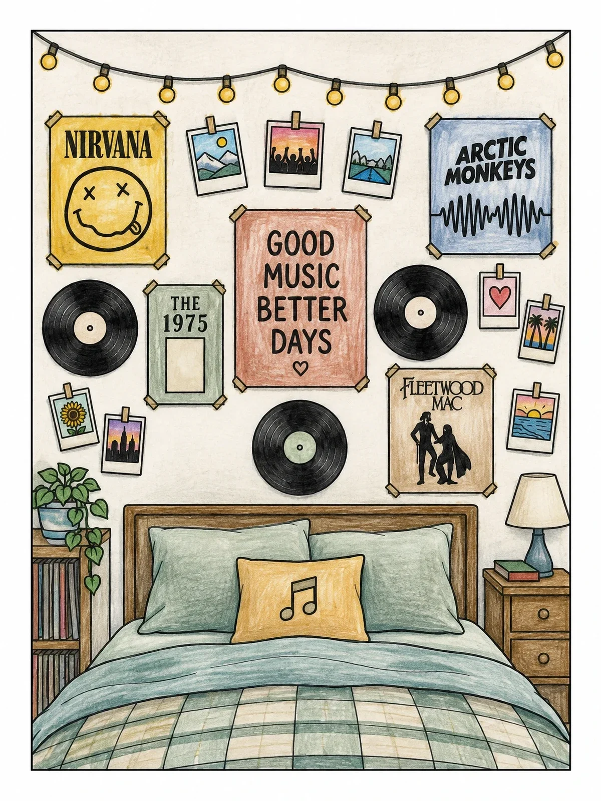 Colored example of the Cozy Grunge Bedroom Collage coloring page