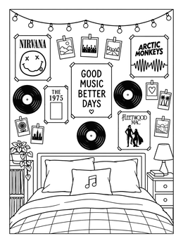 A cozy bedroom collage wall featured in this detailed grunge coloring page.