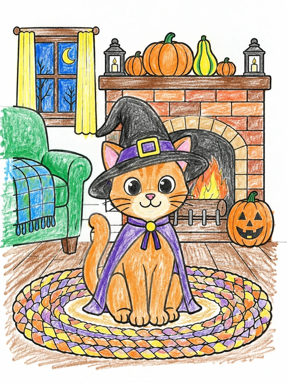 Colored example of the Cozy Halloween Witch Cat By The Fireplace coloring page