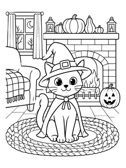 Free printable Cozy Halloween Witch Cat By The Fireplace coloring page