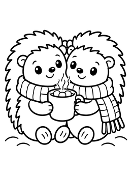 Free printable Cozy Hedgehogs Sharing Hot Cocoa coloring page