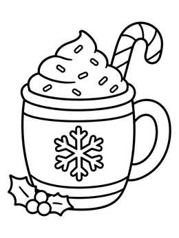 A festive holiday coloring page featuring hot cocoa with whipped cream and a candy cane.