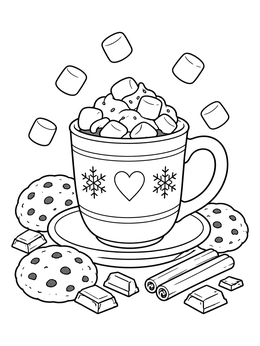 A cozy mug topped with marshmallows on this hot cocoa coloring page surrounded by chocolate chip cookies.