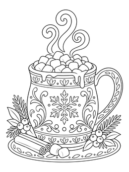 Decorated mug full of marshmallows in a cozy hot cocoa coloring page.