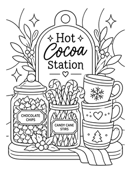 A festive hot cocoa coloring page featuring stacked holiday mugs, candy canes, and chocolate chips.