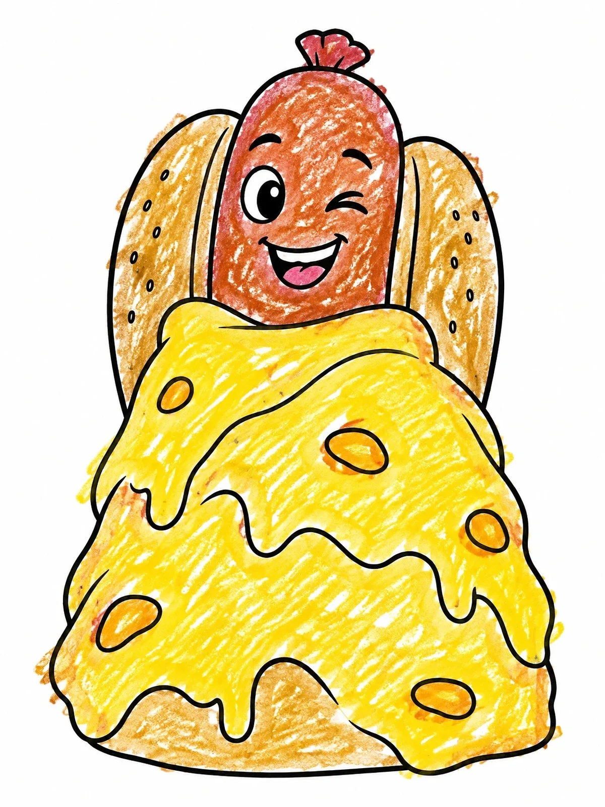 Colored example of the Cozy Hot Dog Under Cheese Blanket coloring page
