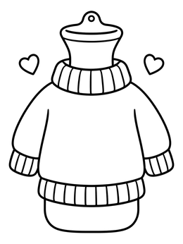 A cozy coloring page showing a warm hot water bottle wearing a knit sweater.