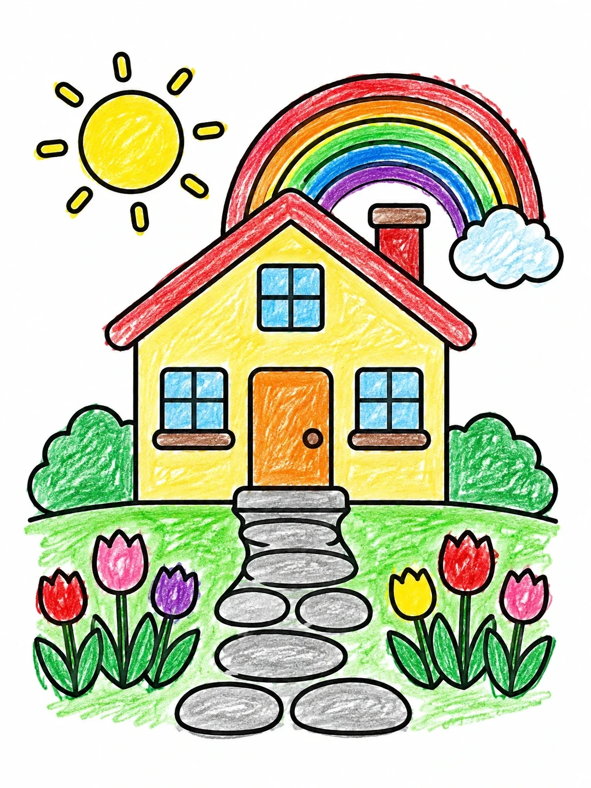 Colored example of the Cozy House With Rainbow And Tulips coloring page