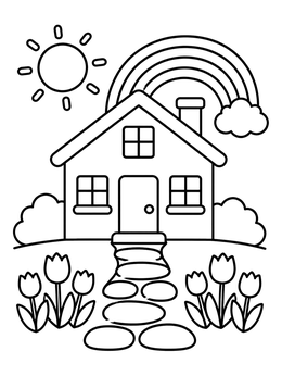 Free printable Cozy House With Rainbow And Tulips coloring page