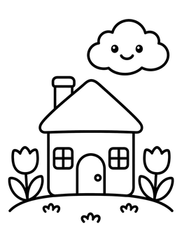 Free printable Cozy House With Smiling Cloud coloring page