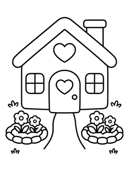 Free printable Cozy House With Flowerbeds coloring page