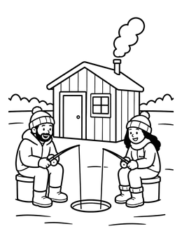 Free printable Cozy Ice Fishing Hut And Anglers coloring page
