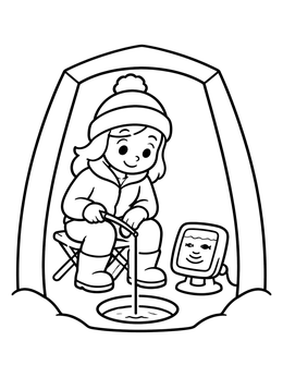 An ice fishing coloring page showing a girl in a tent watching a fish finder.