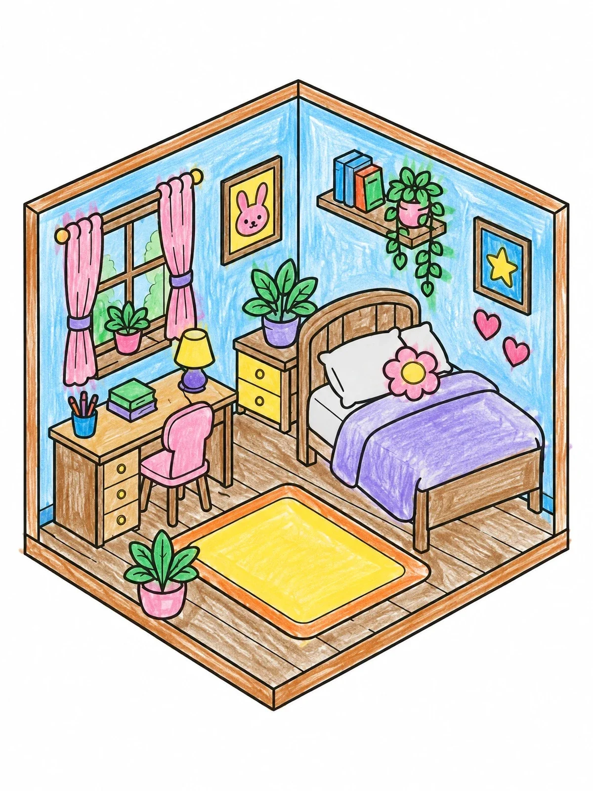 Colored example of the Cozy Isometric Bedroom Cutaway coloring page