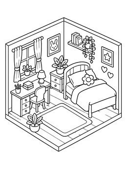 Free printable Cozy Isometric Bedroom Cutaway coloring page