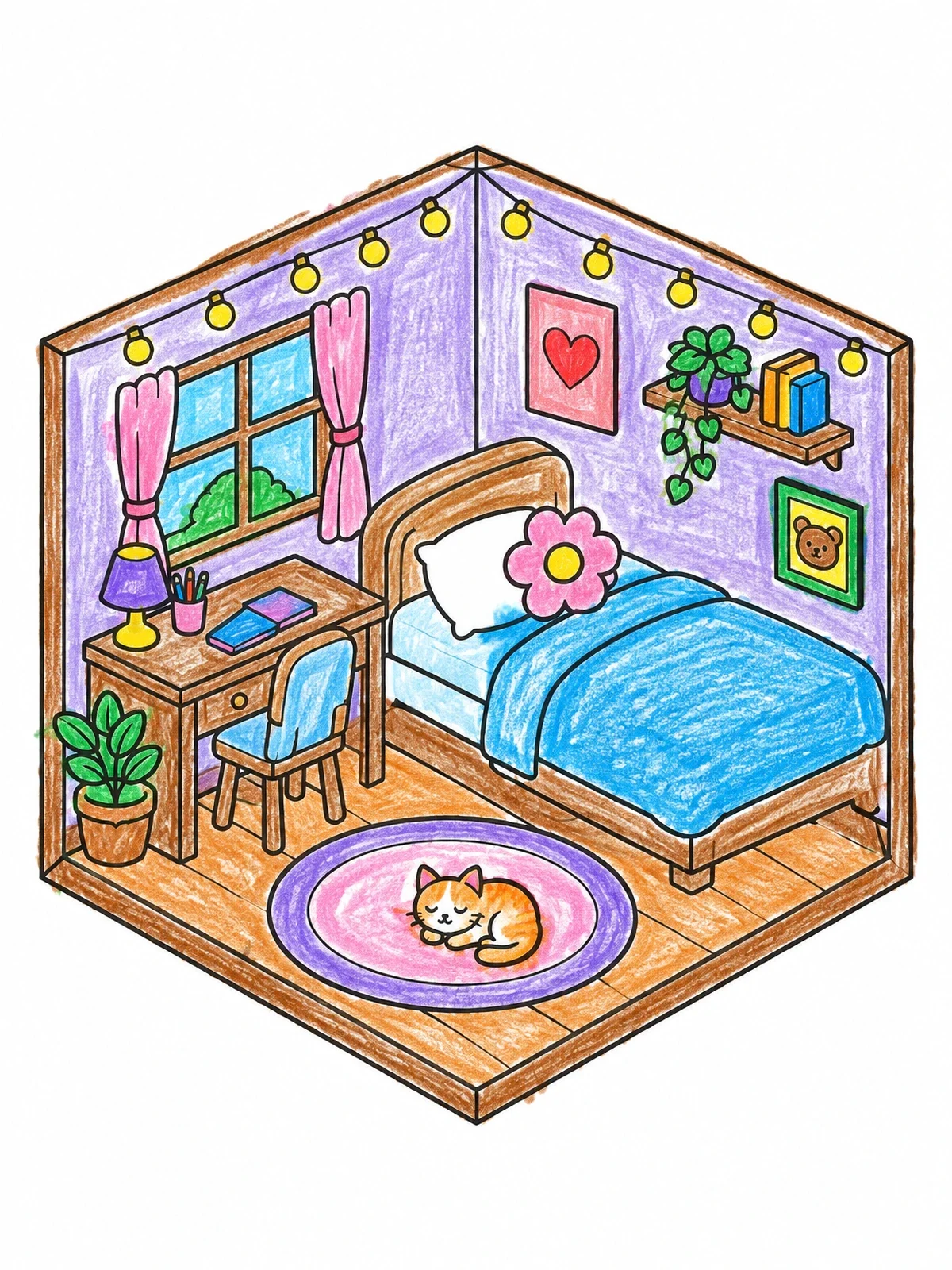 Colored example of the Cozy Isometric Miniature Bedroom coloring page