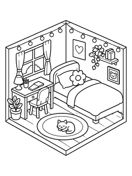 Free printable Cozy Isometric Miniature Bedroom coloring page