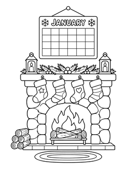 A cozy stone fireplace with stockings below a blank calendar on this january coloring page.